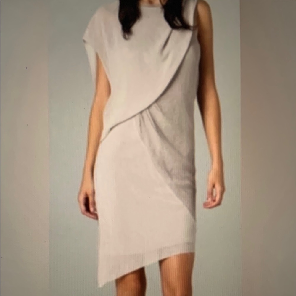 Helmut Lang Tan Asymmetrical Draped Cocktail Dress, size 6